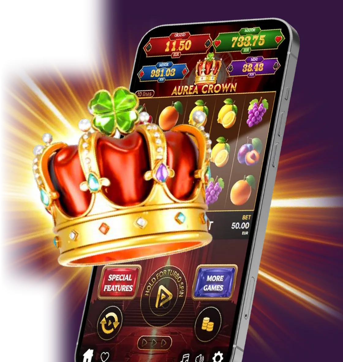 Aurea Crown slot running on a phone, with a jewelled golden crown bursting out of the screen
