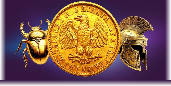 A golden scarab beetle, an ancient gold coin and a Spartan helmet