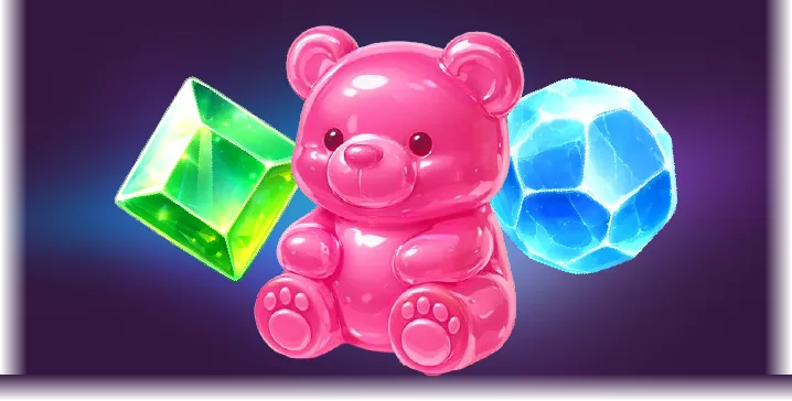 A green gem, a pink gummy bear and a blue gem